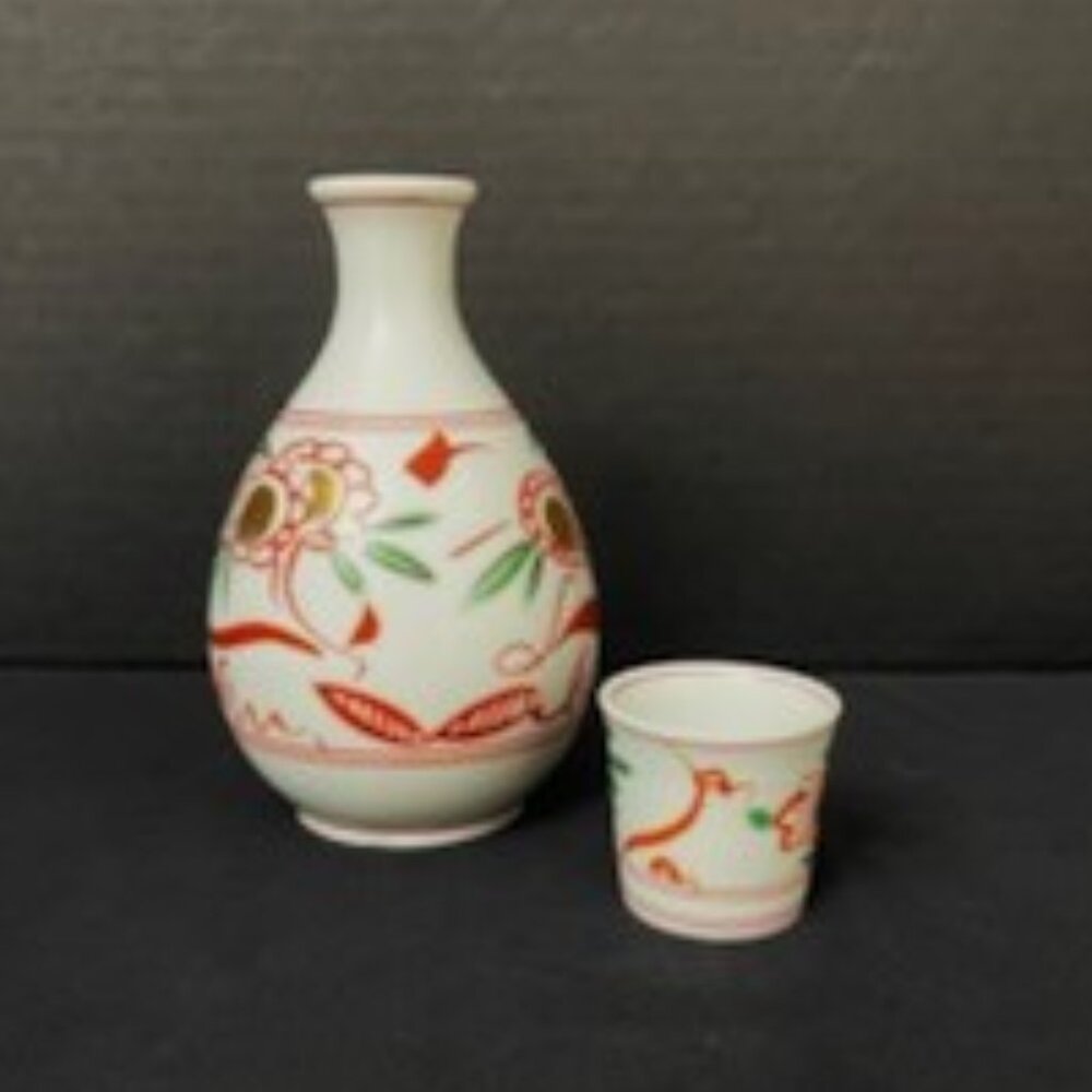 Vintage NEC Sake Set Hand Painted Ceramic Tokkuri Bottle & 1 Guinomi Ochoko Cup
